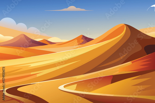 Golden sand dunes under blue sky minimalist landscape illustration desert scenery with winding pathway and warm colors