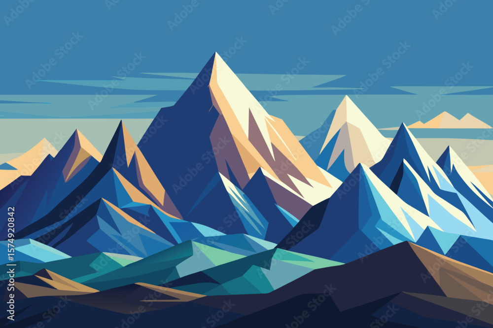 Minimalist landscape illustration of majestic mountains with snowcapped peaks and geometric shapes against a calm sky Minimalist landscape illustration of majestic mountains with snowcapped peaks and geometric shapes against a calm sky