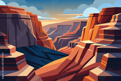 Minimalist landscape illustration of grand canyon with blue river and cloudy sky at sunset or sunrise