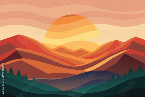 Minimalist landscape illustration of mountain range with rising sun in warm colors vector background