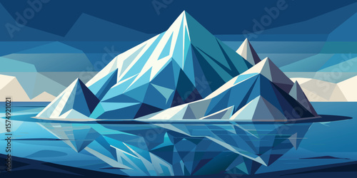 Minimalist landscape of geometric iceberg reflections in blue waters arctic scene and mountains in cold environment winter scenery