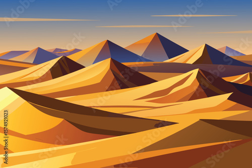 Minimalist landscape of golden desert dunes and distant mountains under a pale sky