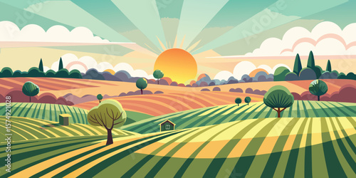 Minimalist landscape of rolling hills and farm fields at sunrise vector illustration