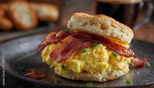 A breakfast biscuit sandwich with scrambled eggs, bacon, & chives