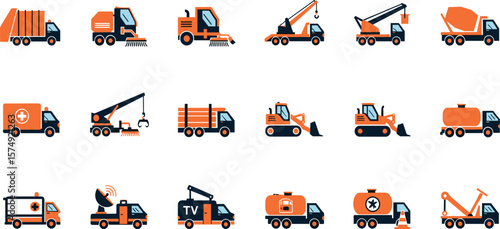 Public service municipal transport line icon set. Vector pictograms of sewer, inspection, firefighting, rescue, ambulance, graffiti removal, water tanker, thin linear illustration