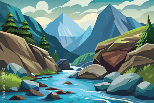 Minimalist landscape with blue river flowing between rocks and mountains in the background