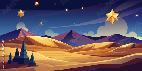 Minimalist landscape with golden stars over hills and mountains in a dreamy night sky gradient and trees