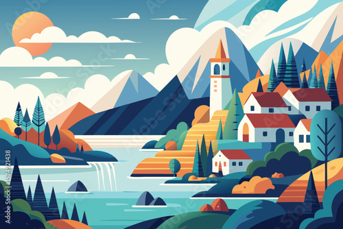 Minimalist landscape with lakeside village and mountain backdrop in geometric style depicting a calm day