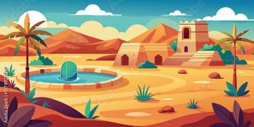 Serene desert oasis with palm trees and ancient architecture minimalist landscape