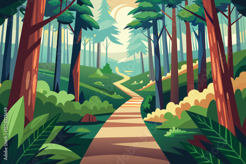 Serene forest path minimalist landscape illustration with trees and sunlight creating a peaceful nature scene ideal for backgrounds