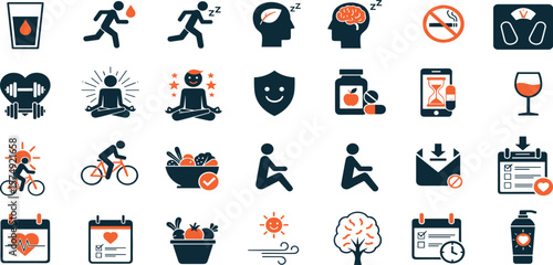 Healthy lifestyle and wellness icons including fitness, nutrition, mindfulness and medical habits, yoga, meditation, skincare, immune, supplement, walking, running, vector illustration set