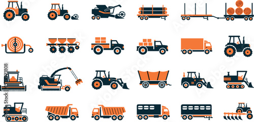 Vehicle agricultural forestry transport line icon set. Vector pictograms of skidder, trailer, irrigation, hose, seed, drill, grain, silage, fertilizer, livestock, thin linear illustration