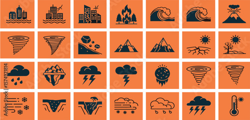 Natural disaster line icon set. Vector pictograms of extreme weather, environmental catastrophes, earthquake, wildfire, tsunami, hurricane, tornado, volcanic eruption thin linear illustration