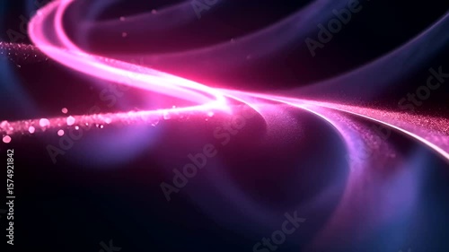 Abstract purple and pink glowing light trails with bokeh effects and particle flow