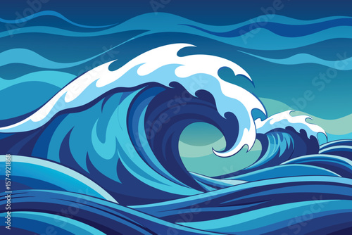 Vector illustration of ocean waves with whitecaps minimalist landscape showing dynamic swells and cascading water in shades of blue