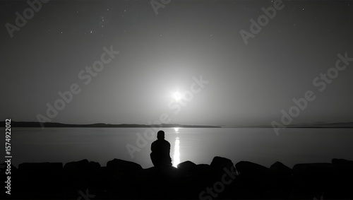 Silhouette of man watching moon over water landscape black and white photography