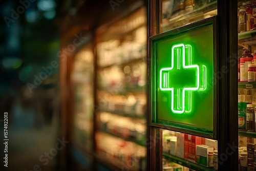 Green pharmacy cross sign illuminating window display at night