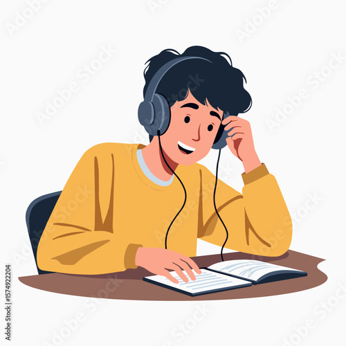 Young man listening to music while studying with a book at desk  