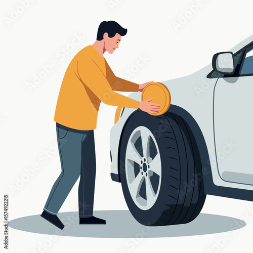 Man inspecting tire of a car while working in automotive service  