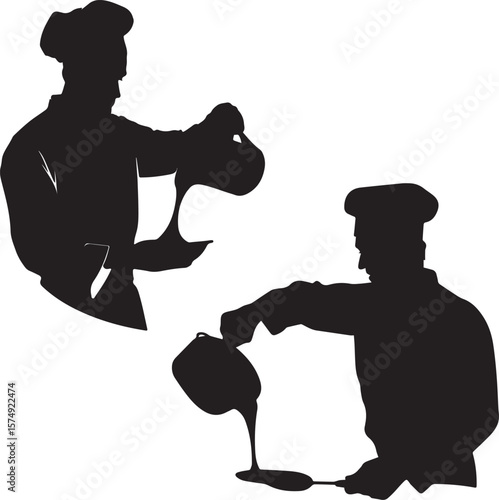Silhouettes of Professional Chefs Pouring Pancake Batter: Culinary Expertise, Cooking Process, and Food Preparation Concept for Gourmet Breakfast Dishes