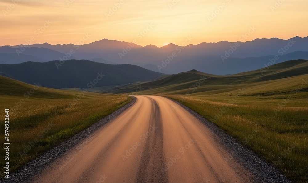 Fototapeta premium Empty old paved road in mountain area at sunset with vibrant colors and a serene atmosphere