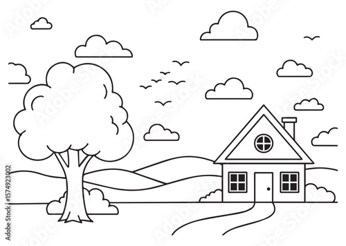 A black and white line drawing of a house in a rural landscape