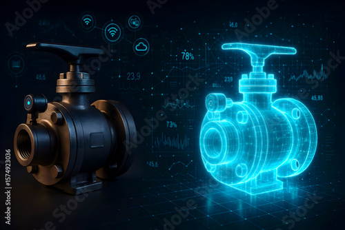 Digital Twin Background Showing Physical and Virtual Object Pairing with AI Overlays, Sensors, and Futuristic Tech Grid