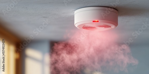 Close-up of active smoke detector with red LED blinking and smoke rising below. Modern fire alarm mounted on ceiling in bright interior. Concept of home safety and emergency detection.
