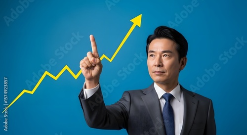 Asian Businessman Pointing at Upward Trending Chart, Indicating Progress, Asian Executive Presenting Positive Performance Data