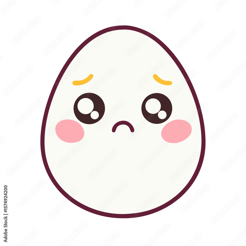 Fototapeta premium Worried Egg Kawaii Vector Icon – Cute Cartoon Egg with Anxious Expression, Blushing Cheeks