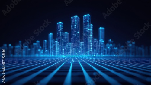 A futuristic digital cityscape with glowing blue skyscrapers projected over a grid, representing virtual reality or smart city technology.