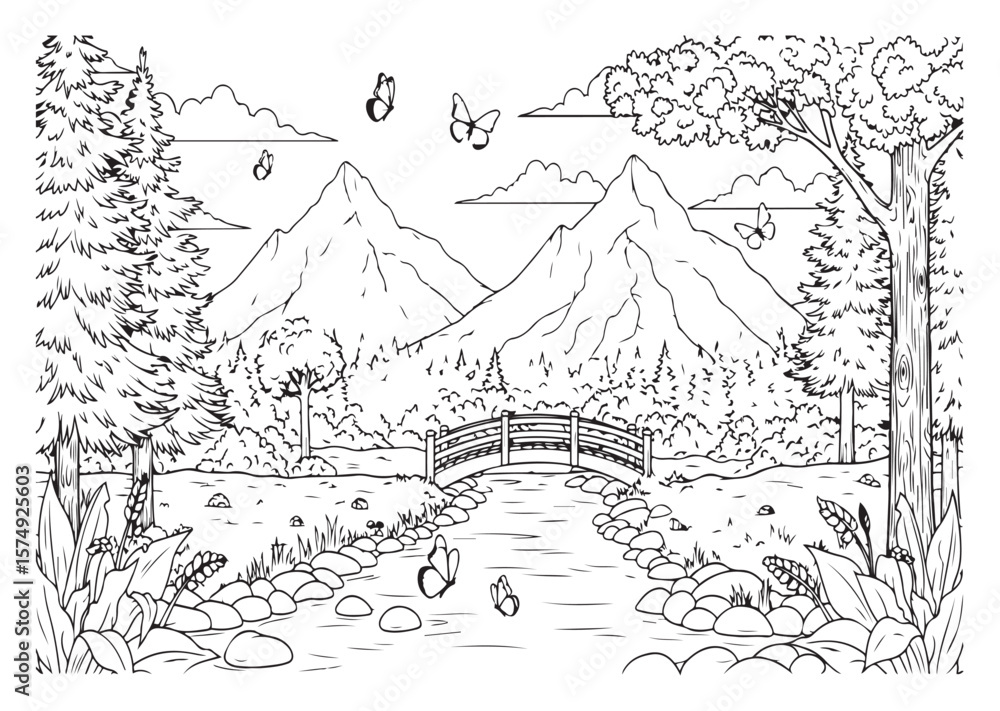 Fototapeta premium A picturesque mountain landscape includes a river and a small bridge