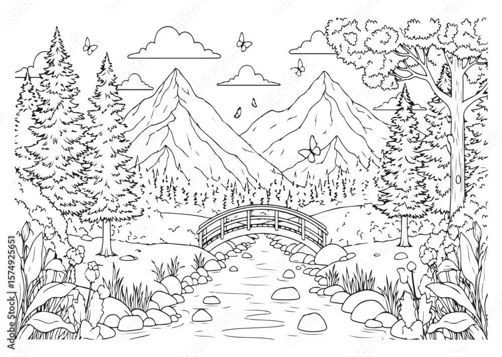 Fototapeta premium A scenic mountain view shows a river crossed by a small bridge