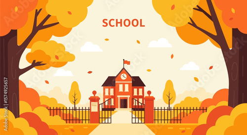 Back to school autumn season vector illustration with school building and fall foliage design