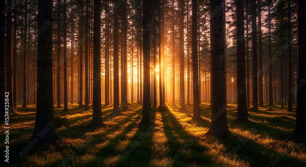 Obraz premium Autumn morning sun illuminates a colorful forest path with golden leaves