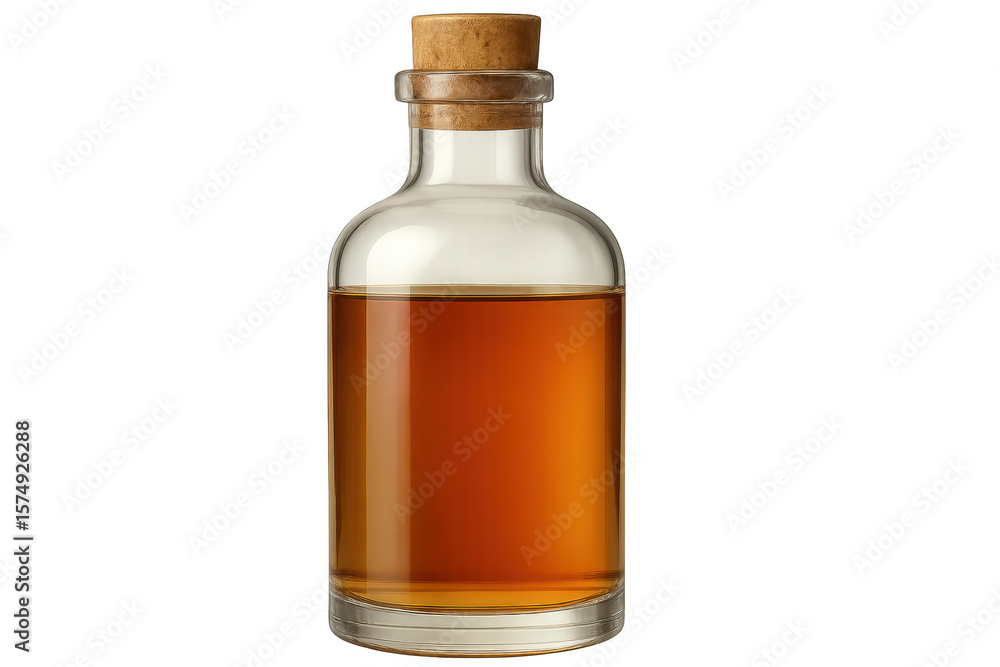 Amber liquid inside short clear glass bottle, cork-sealed, positioned against transparent backdrop Amber liquid inside short clear glass bottle, cork-sealed, positioned against transparent backdrop