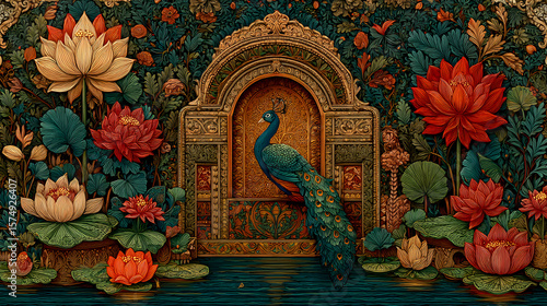 An ornate Mughal pichwai art-inspired illustration for wallpaper, featuring a detailed garden scene with a peacock by a lotus pond, framed by an elaborate arch. The design is rich in traditional