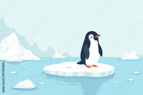 Lonely penguin standing on ice floe in frozen ocean with icebergs on soft blue background