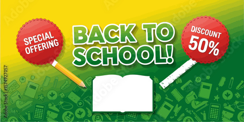 Back to school sale event with special offering discount and supplies for education and learning needs