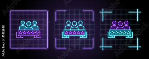 5-star teamwork icon illustration, cyber neon visual, glowing border grid vector.