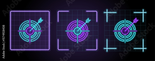  Target arrow icon illustration, cyber neon visual, glowing border grid vector.