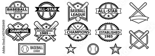 Monochrome vector badge set for baseball leagues, championship titles, and all-star teams with bats, stars, and emblem elements for sports design