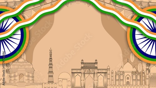 indian historical monuments decoration in light orenge colour and indian flag ashoka chakra. concept animation for national holiday in india.