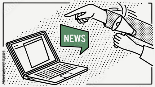 Online News Announcement: Laptop, Megaphone, Hand Pointing, Bold Line Art Style, Urgent News Alert