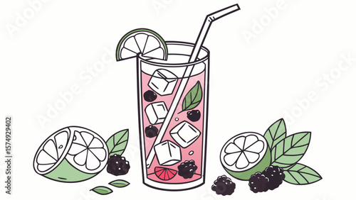 Refreshing Blackberry Lime Iced Tea Cocktail:  Hand-drawn Illustration, Summer Vibe,  Vibrant Colors.