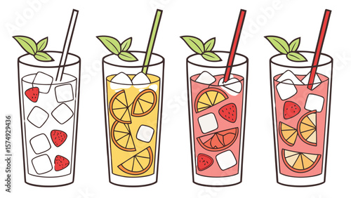 Four Refreshing Tall Cocktails with Ice and Garnishes Summer Drink Illustrations