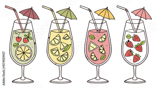 Four Refreshing Tall Cocktails with Ice and Garnishes Summer Drink Illustrations