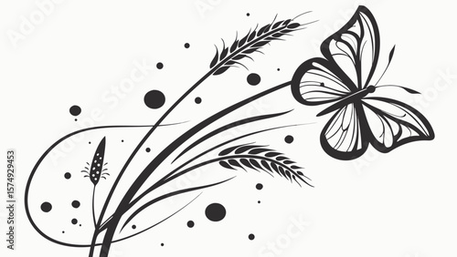 Elegant Black and White Butterfly and Wheat Design Vector Illustration