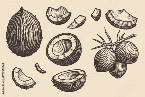 Coconuts and pieces vintage engraving style vector illustration