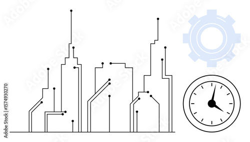 Smart city skyline with circuit-thumbs up connections, clock symbolizing time management, and gear for innovation. Ideal for themes like urban technology, digitalization, time efficiency